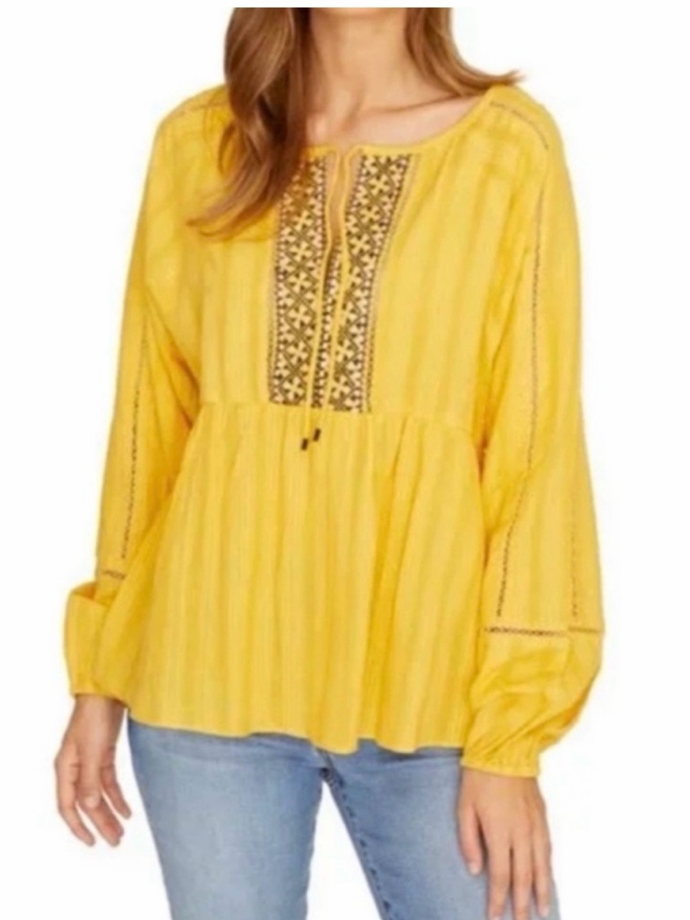 Chelsea & Theodore Mustard Embroidered Boho Peasant Blouse S - Picture 2 of 6
